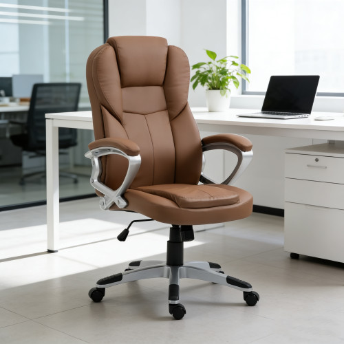 Καρέκλα Γραφείου XL Διευθυντική με μπράτσα Δερματίνης Ανοιχτό Καφέ 108-118x60x68