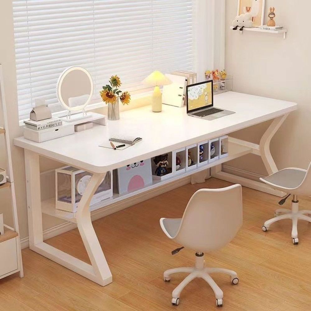 Λευκό Μοντέρνο Γραφείο Διπλής Θέσης με Κάτω Ράφια Αποθήκευσης & Minimal Σχεδιασμό 120x60x75cm