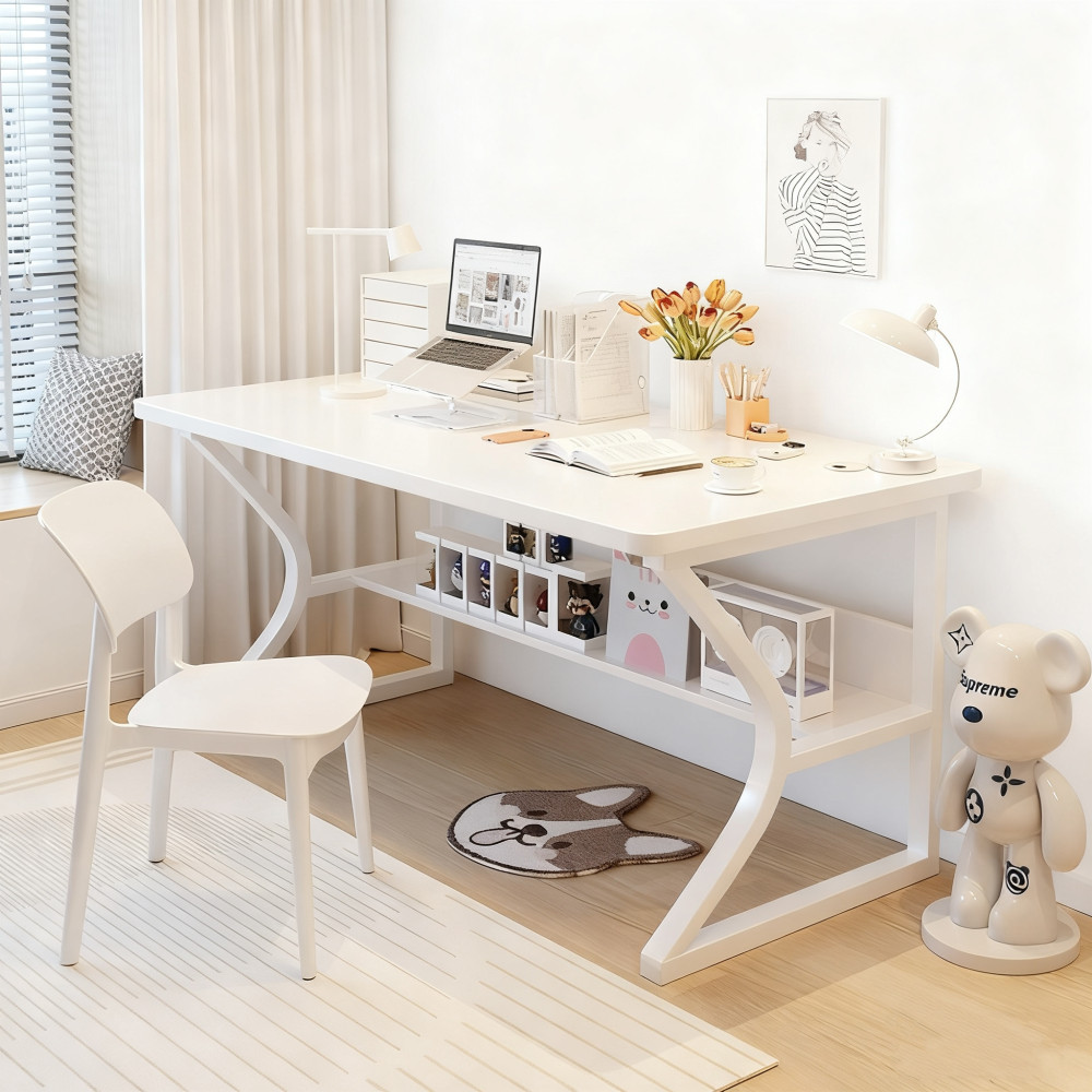 Λευκό Μοντέρνο Γραφείο Διπλής Θέσης με Κάτω Ράφια Αποθήκευσης & Minimal Σχεδιασμό 120x60x75cm