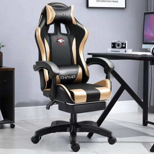 Καρέκλα γραφείου Gaming Δερματίνης με ανάκληση και υποπόδιο Χρυσό GMC-GOLD