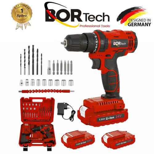 BORTECH Σετ Δραπανοκατσάβιδο Επαναφορτιζόμενο Με 2 Μπαταρίες Εργαλεία και Εργαλειοθήκη 5AH 24V - RED