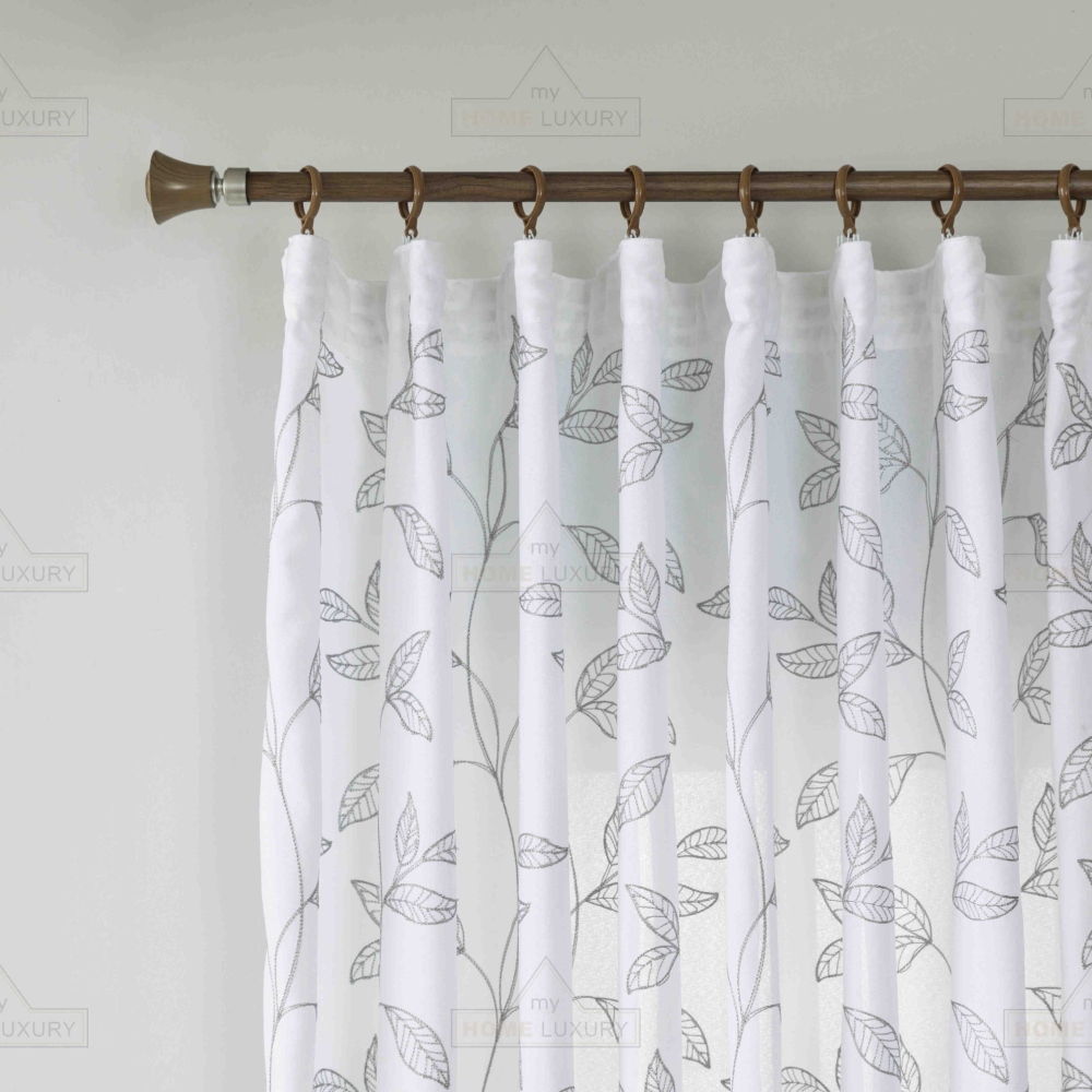 Κουρτίνα Leaves Λευκή με Γκρι Κέντημα Με Τρέσα 270x270cm 6020-3