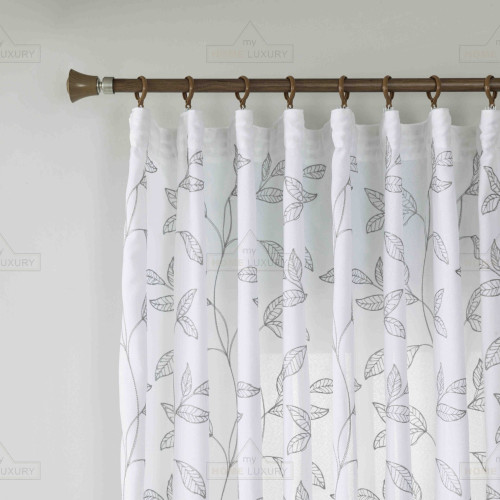 Κουρτίνα Leaves Λευκή με Γκρι Κέντημα Με Τρέσα 270x270cm 6020-3