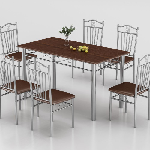 Σετ 7τμχ Τραπεζαρία Εσωτερικού Χώρου από MDF με PVC και Μεταλλικά Πόδια Καρυδιά 135x80x75cm