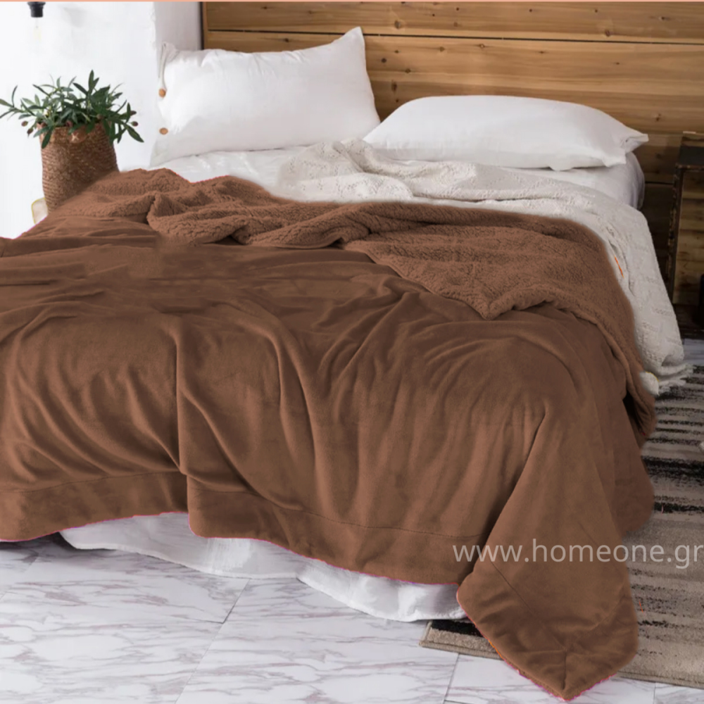 1+1 ΔΩΡΟ Κουβέρτα Υπέρδιπλη Flannel Sherpa 220X240 Καφέ BL009