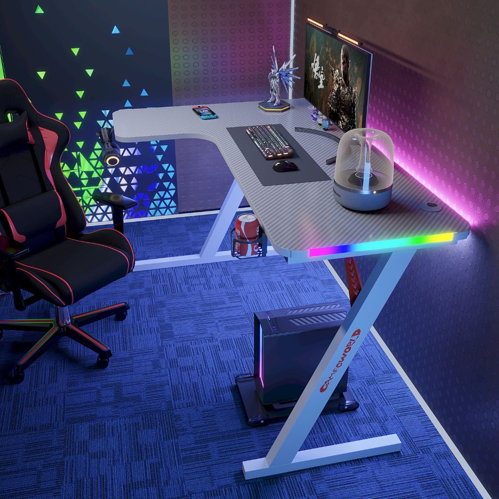 Γωνιακό Gaming γραφείο με φωτισμό RGB, υφή ανθρακονήματος και μεταλλικό σκελετό Μαύρο 140x(60-100)x74cm P201-WHTE