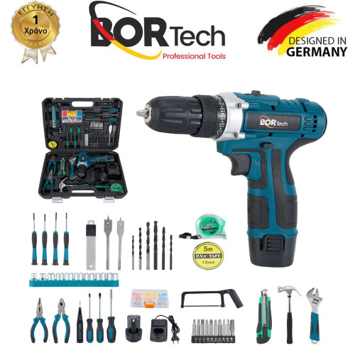 BORTECH Σετ Δραπανοκατσάβιδο Επαναφορτιζόμενο Με 2 Μπαταρίες Εργαλεία και Εργαλειοθήκη 3AH 18V BORTECH Σετ Δραπανοκατσάβιδο Επαναφορτιζόμενο Με 2 Μπαταρίες Εργαλεία και Εργαλειοθήκη 3AH 18V