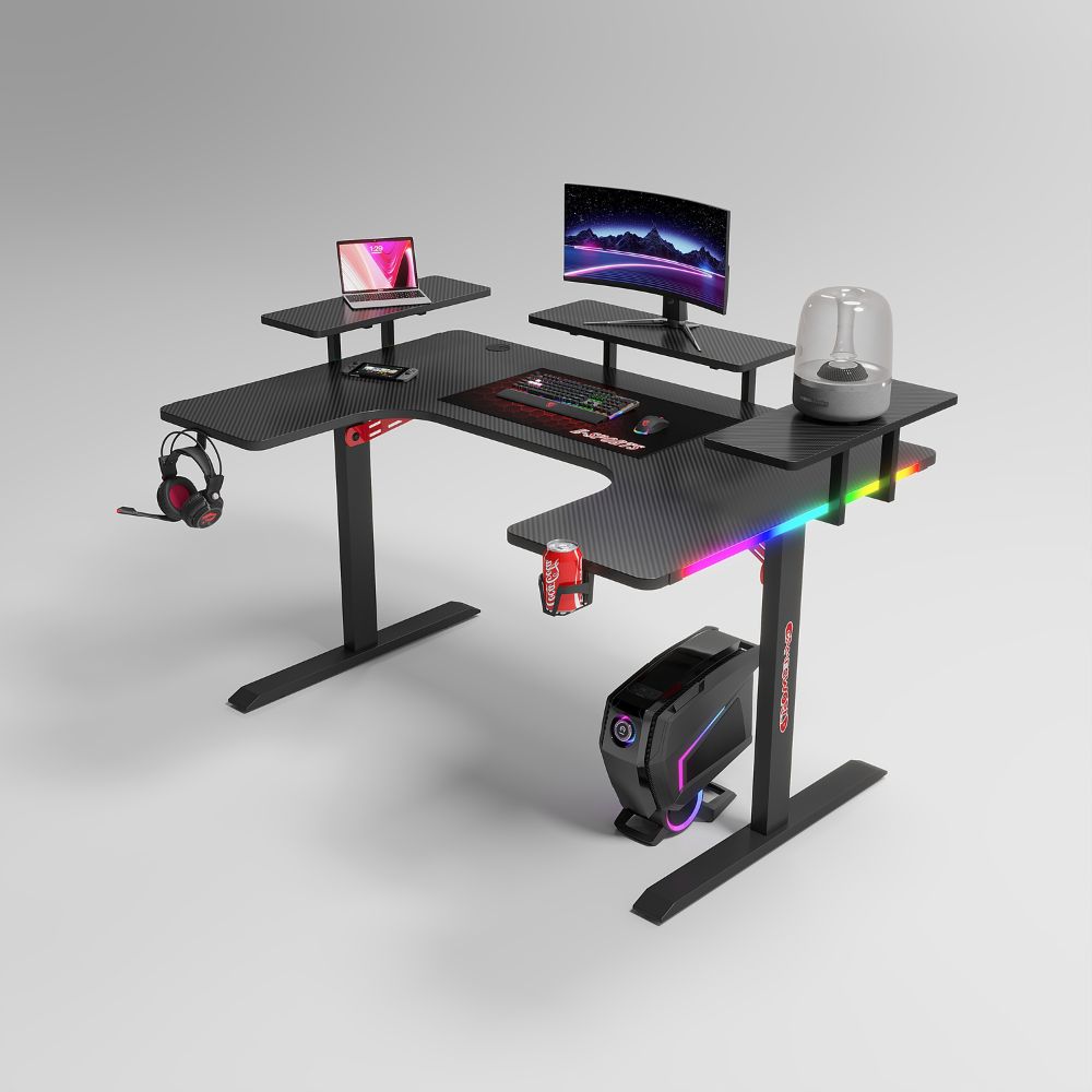 Γραφείο Gaming με φωτισμό RGB, υφή ανθρακονήματος και μεταλλικό σκελετό Μαύρο 160x(60-100)x74cm P203