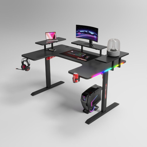 Γραφείο Gaming με φωτισμό RGB, υφή ανθρακονήματος και μεταλλικό σκελετό Μαύρο 160x(60-100)x74cm P203