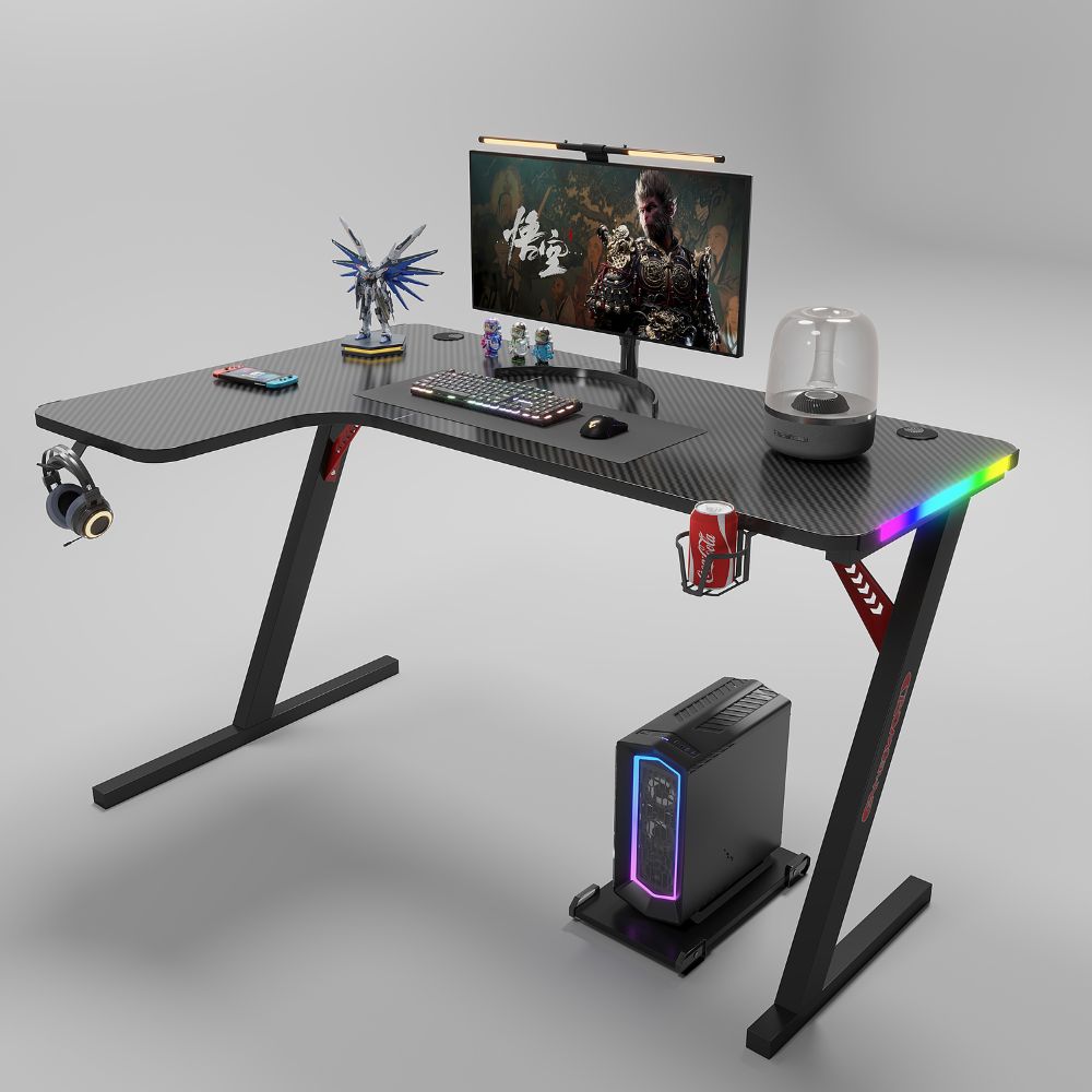 Γωνιακό Gaming γραφείο με φωτισμό RGB, υφή ανθρακονήματος και μεταλλικό σκελετό Μαύρο 140x(60-100)x74cm P201-BLACK