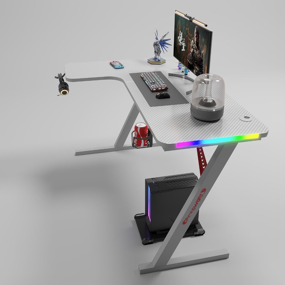 Γωνιακό Gaming γραφείο με φωτισμό RGB, υφή ανθρακονήματος και μεταλλικό σκελετό Μαύρο 140x(60-100)x74cm P201-WHTE Γωνιακό Gaming γραφείο με φωτισμό RGB, υφή ανθρακονήματος και μεταλλικό σκελετό Μαύρο 140x(60-100)x74cm P201-WHTE