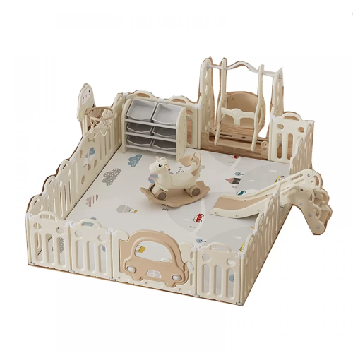 200x250cm Σετ Παιδότοπου Πλαστικό Car με Φράχτη  με κούνια, τσουλήθρα, Μπασκέτα, κουνιστό αλογάκι, πίνακα, χαλάκι και ράφια παιχνιδιών Εκρού QD100-C